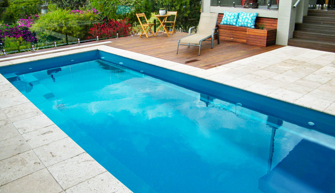 Leisure Pools Harmony fiberglass swimming pool with perimeter swimout