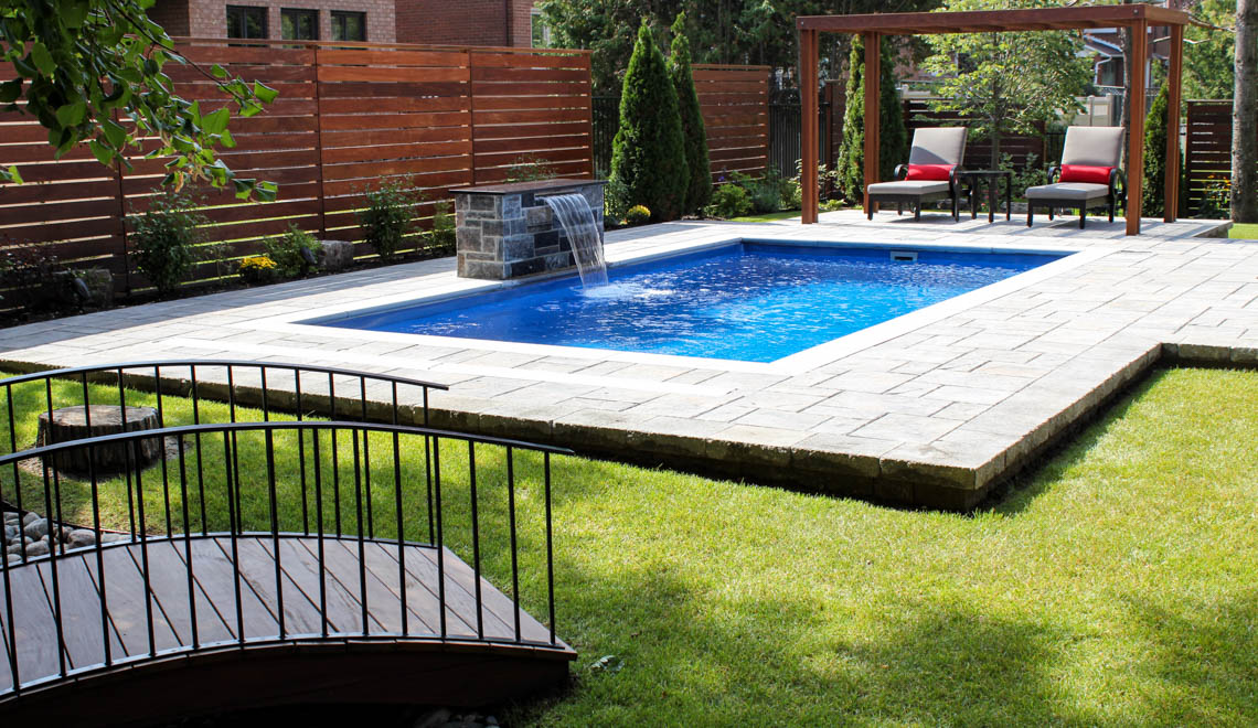 Leisure Pools Reflection composite fiberglass swimming pool with perimeter swimout