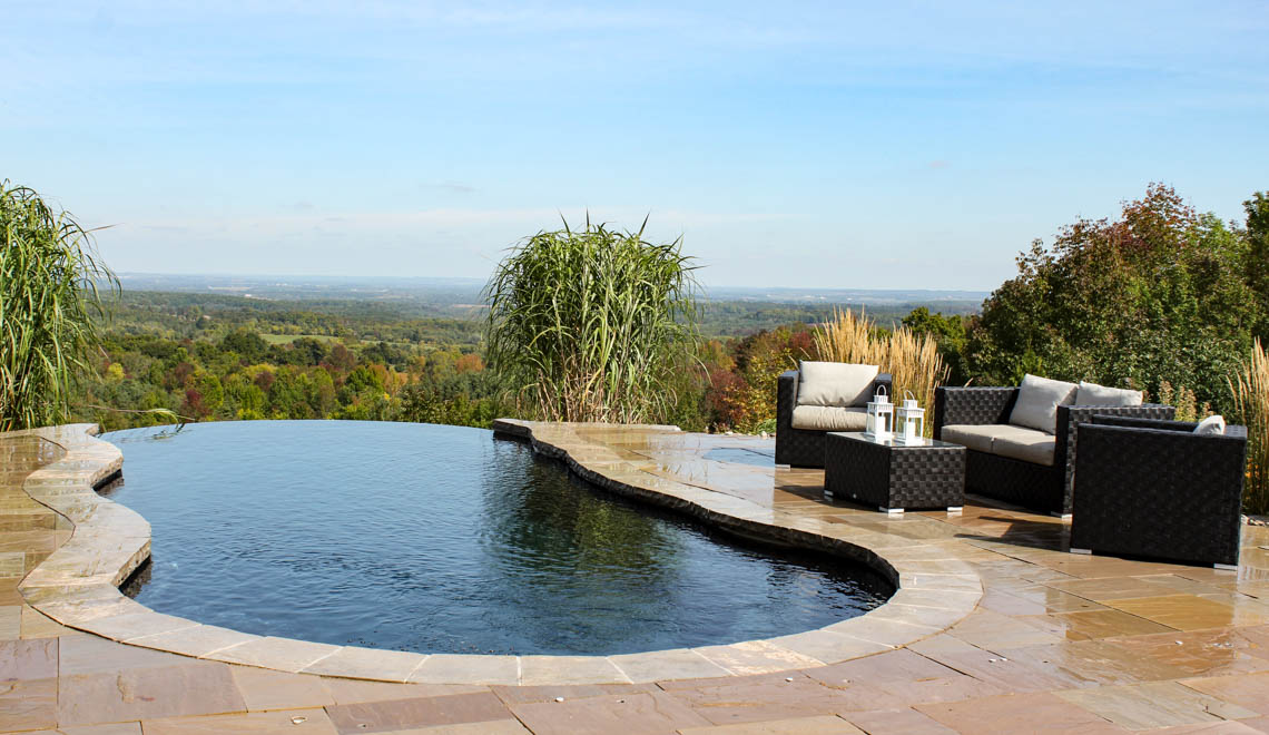 Leisure Pools Riviera composite fiberglass freeform swimming pool with deep end step and swimout