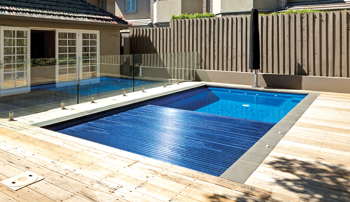 Leisure Pools Reflection plus Cover Box in-ground fiberglass swimming pool