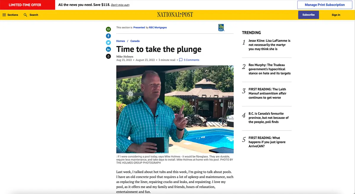 HGTV star Mike Holmes on Fiberglass Swimming Pools