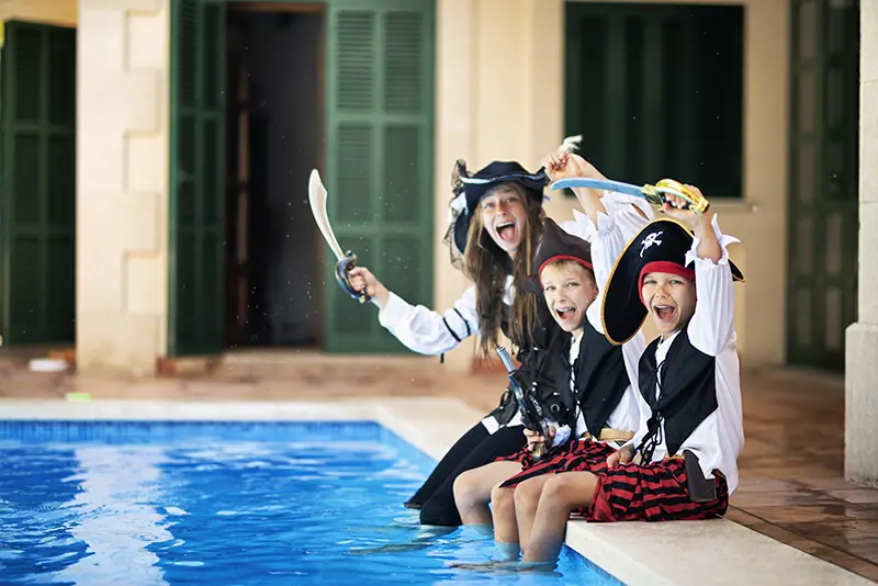 Pirate themed back-to-school fiberglass swimming pool party